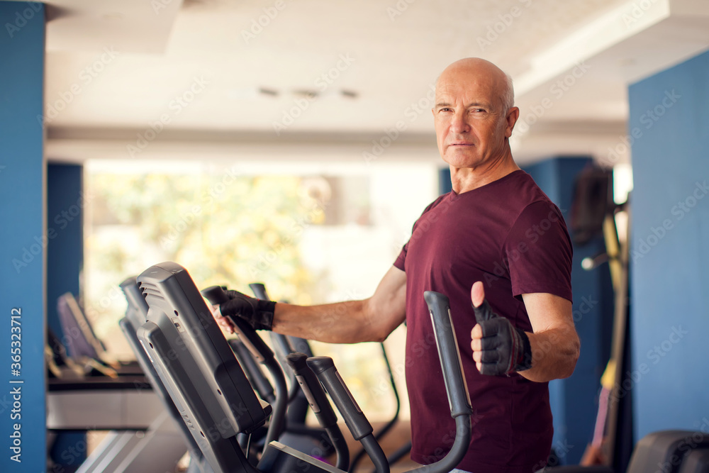A portrait of senior man in the gym training in the cardio zone. People, health and lifestyle concept A portrait of senior man in the gym training in the cardio zone. People, health and lifestyle concept