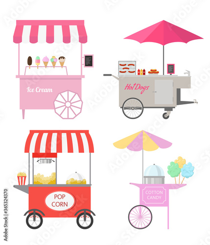 Set of different street food carts.