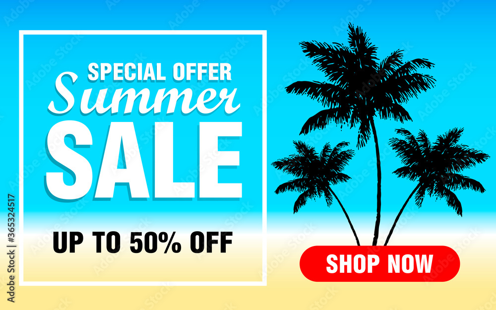 Special offer summer sale. Summer sale design with 50% discount. Summer Sale Banner with palm trees. Vector illustration