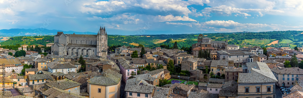 The panorama view across the roof tops in Orvieto, Italy in summer