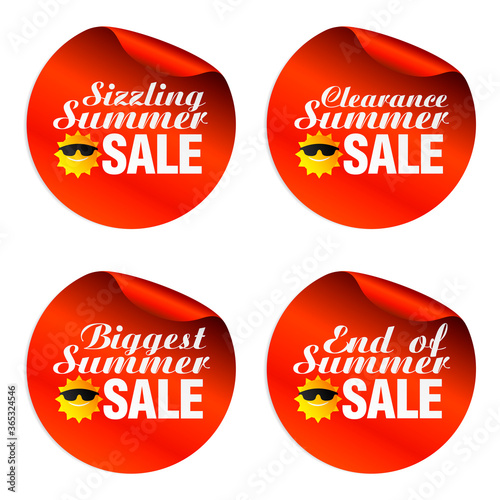 Red summer sale stickers sizzling, clearance, biggest, end of with funny sun icon. Vector illustration