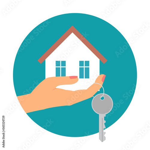 Hand holding house in palm and key on finger.