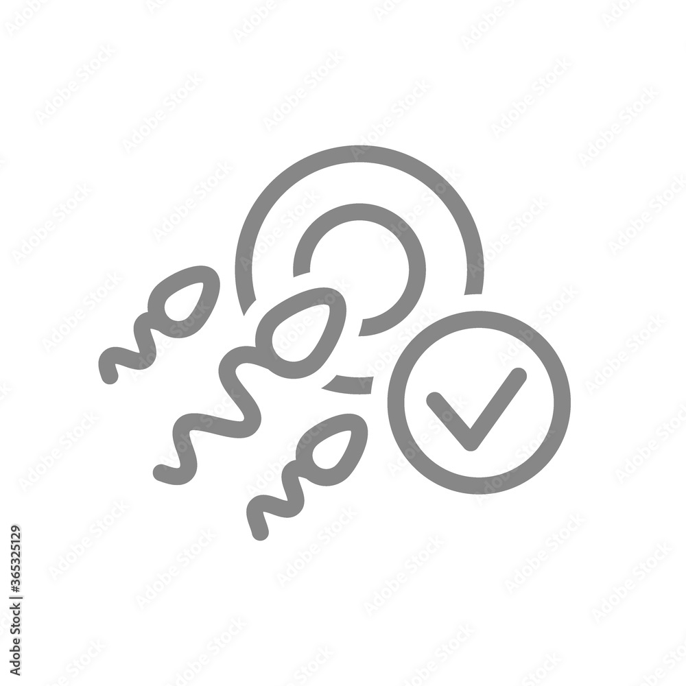 Human fertilization with tick checkmark line icon. Healthy zygote, new embryo symbol Human fertilization with tick checkmark line icon. Healthy zygote, new embryo symbol