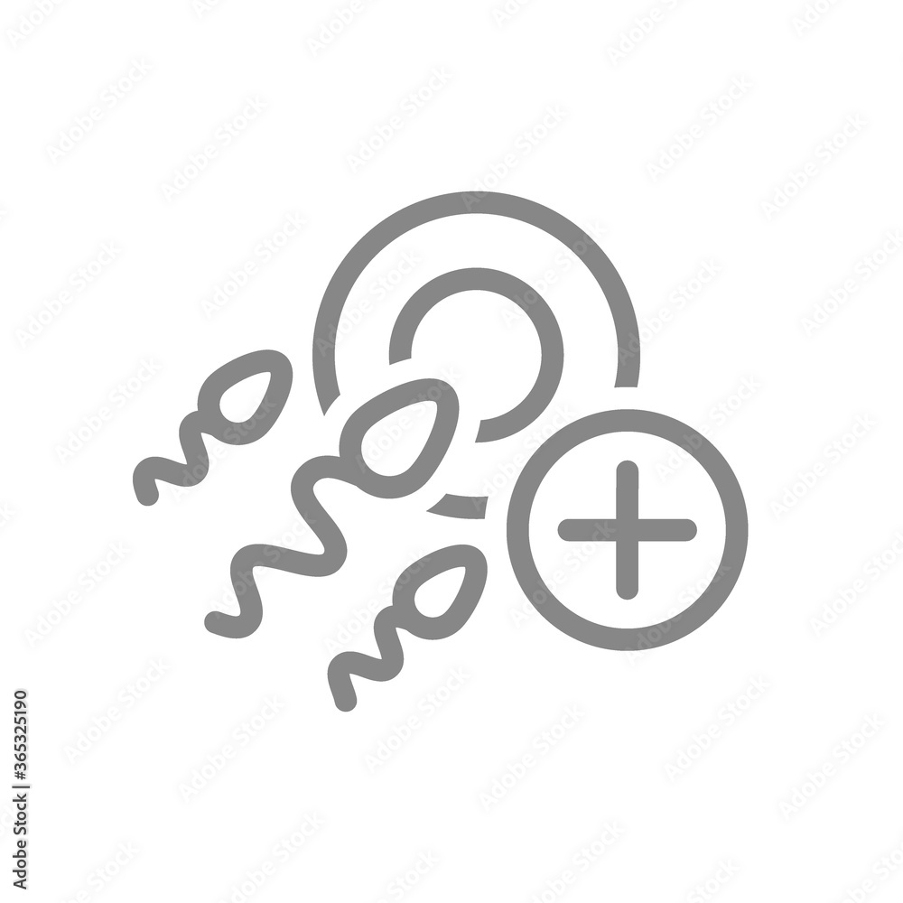 Ovum and spermatozoon with plus line icon. Healthy fertilization, new embryo symbol Ovum and spermatozoon with plus line icon. Healthy fertilization, new embryo symbol