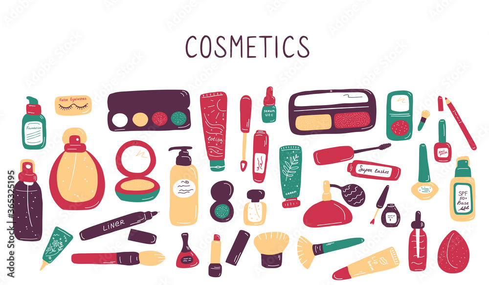 Visage set. Makeup and beauty elements. Skin Care Cosmetics and Decorations. Hand drawn doodle vector illustration Visage set. Makeup and beauty elements. Skin Care Cosmetics and Decorations. Hand drawn doodle vector illustration