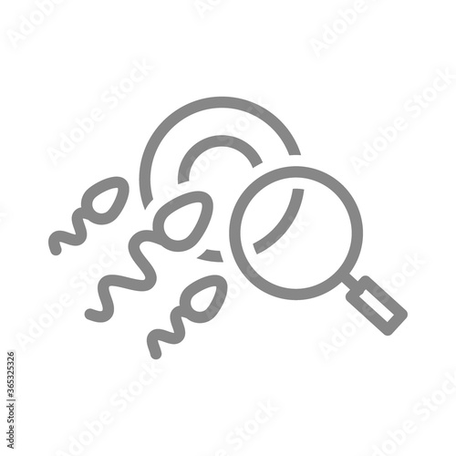 Ovum and spermatozoon with magnifying glass line icon. Fertilization research, pathology of embryo prevention symbol