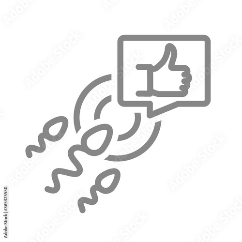 Egg and sperm with thumb up in speech bubble line icon. Healthy human fertilization symbol