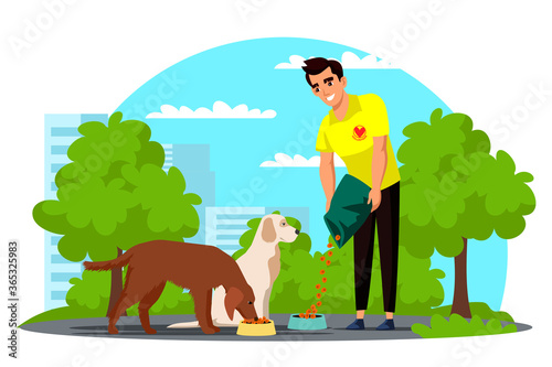 Vector man volunteer feeding homeless dog in park