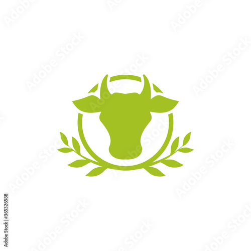 Cow head with leaves. Green icon. Farm Animal. Beef, milk, lactose symbol.