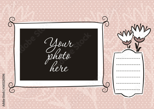 Cute photo book with flower. Pink page for a photo album. Template for the design of frames for photographs, posters, cards, stickers. Vector illustration.