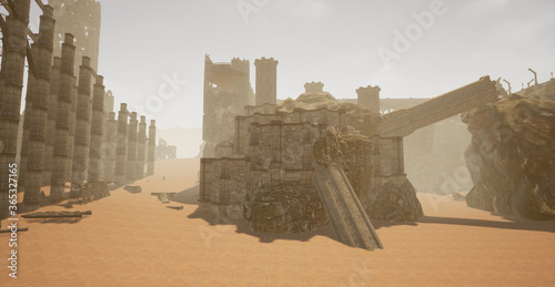 This is a 3D rendered illustrations scene of a level design concept based on a ancient desolate ruins that is surrounded by a desert.