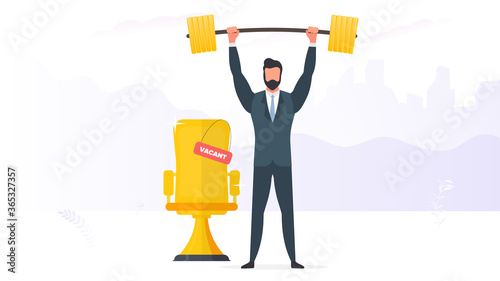 Vacant workplace. A businessman in a suit raises a barbell. Gold office chair. The concept of an open vacancy, search and selection of personnel, HR. Vector.