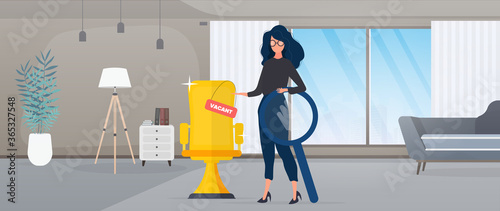 Girl shows on a vacant place. Gold cup in the shape of an office chair. The concept of open work. Suitable for registration on the topic of job search and workers. Vector