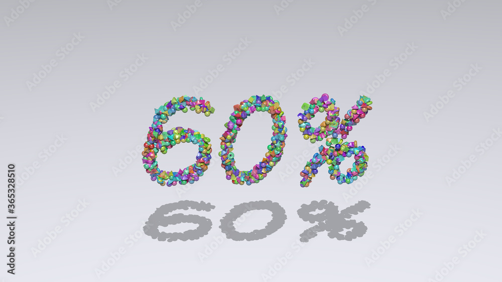 Colorful 3D writting of % text with small objects over a white background and matching shadow Colorful 3D writting of % text with small objects over a white background and matching shadow