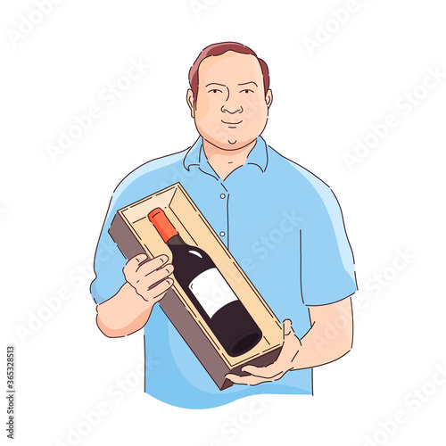 Collector is holding a bottle of collector's wine. Winery. Alcoholic beverages. Bottle of wine. Vector illustration in flat style.