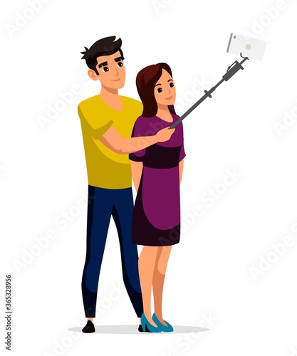 Happy couple make photo selfie stick isolated on white background