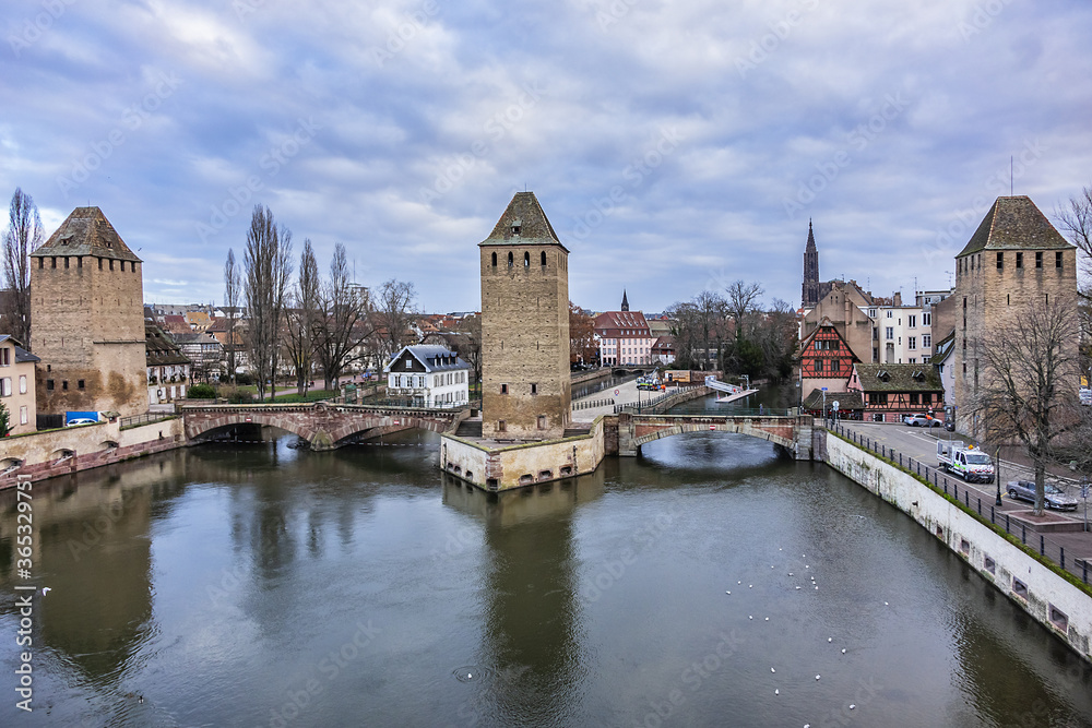 Strasbourg Ponts Couverts (or covered bridges) over Ill River. Ponts Couverts set of three bridges and four towers that make up a defensive work erected in XIII century. Strasbourg, Alsace, France.
