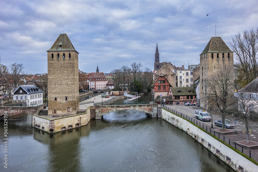 Strasbourg Ponts Couverts (or covered bridges) over Ill River. Ponts Couverts set of three bridges and four towers that make up a defensive work erected in XIII century. Strasbourg, Alsace, France.