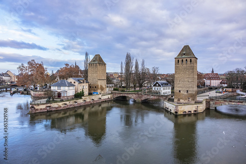 Strasbourg Ponts Couverts (or covered bridges) over Ill River. Ponts Couverts set of three bridges and four towers that make up a defensive work erected in XIII century. Strasbourg, Alsace, France. © dbrnjhrj