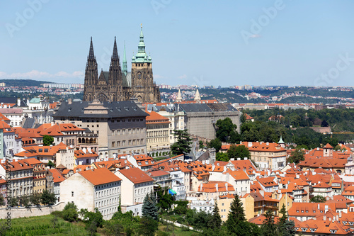 Prague City with gothic Castle and the green Nature from the Hill Petrin, Czech Republic