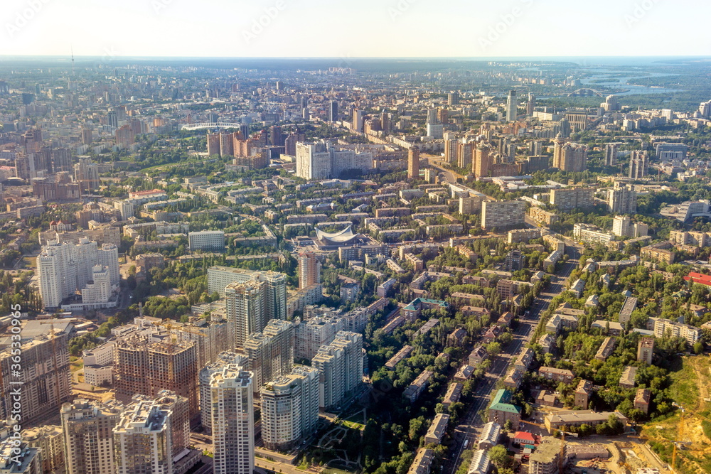 Aerial view of Pechersk, the central district of Kyiv - the largest city and capital of Ukraine. Space for text, aerial photography. Kyiv (Kiev), Ukraine, Europe.