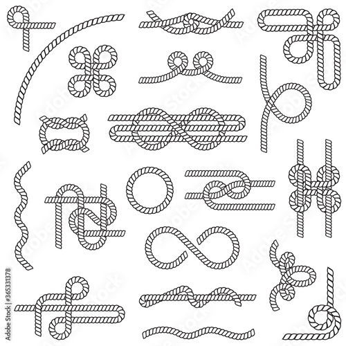 Rope knots set. Various nautical sailor knots, loops, lasso, ring. String borders in vintage style for sea, sailing or marine concepts