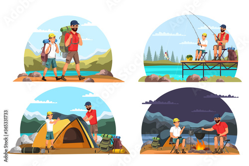 Set of vector characters dad and son camping trip