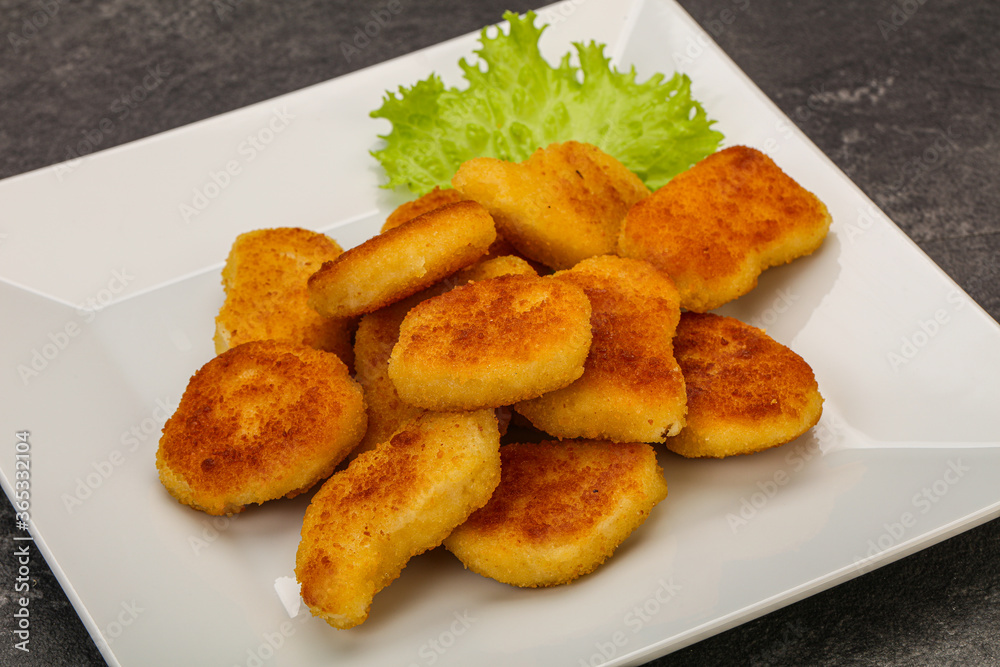 Fried chicken nuggets served salad leaves Fried chicken nuggets served salad leaves