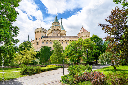 Bojnice castle park with neogothic castle in background (Bojnice, Slovakia) photo