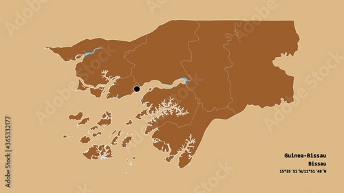 Quinara, region of Guinea-Bissau, with its capital, localized, outlined and zoomed with informative overlays on a solid patterned map in the Stereographic projection. Animation 3D photo