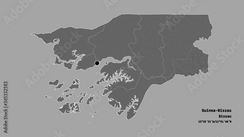 Tombali, region of Guinea-Bissau, with its capital, localized, outlined and zoomed with informative overlays on a bilevel map in the Stereographic projection. Animation 3D photo