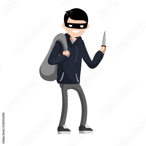 Man with knife extorting money. Problem of urban security. Thief at work. Extortion and robbery. Hand holding sack with cash