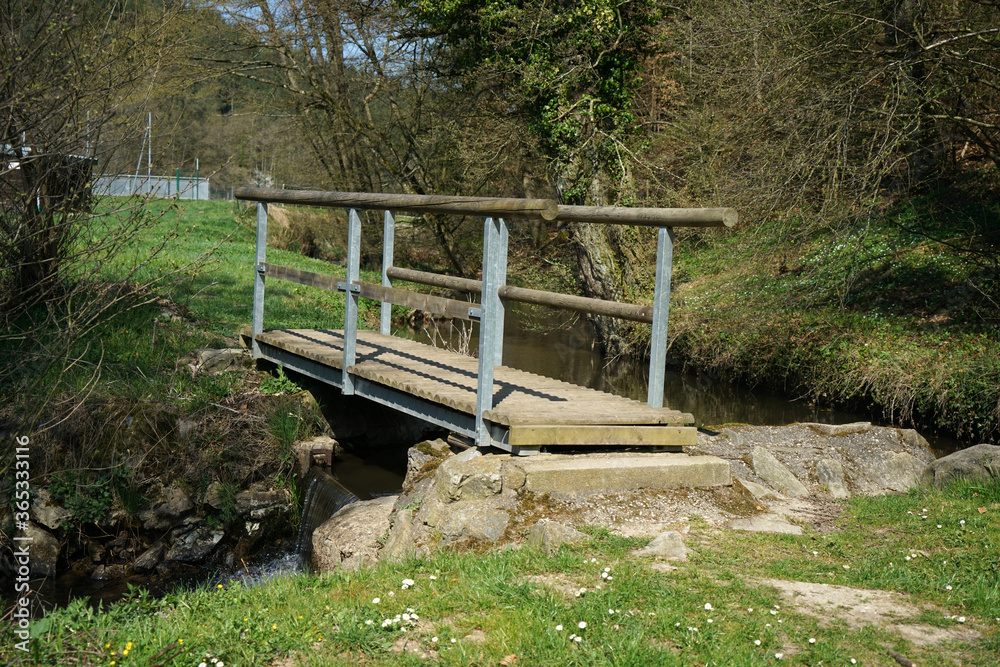 Wooden bridge in the forest that leads over a small stream photographed in summer Wooden bridge in the forest that leads over a small stream photographed in summer