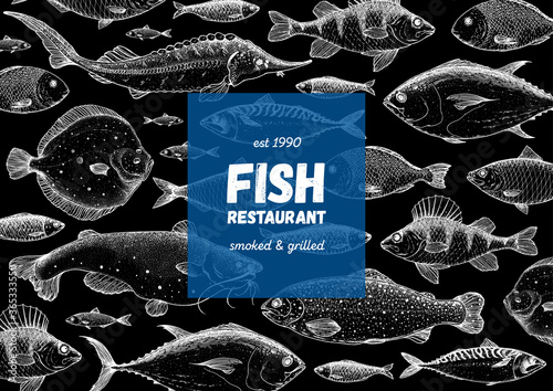 Fish sketch collection. Hand drawn vector illustration great for package or menu design. Seafood fish pattern. Leaflet, brochure, booklet design template. Black and white engraved style.