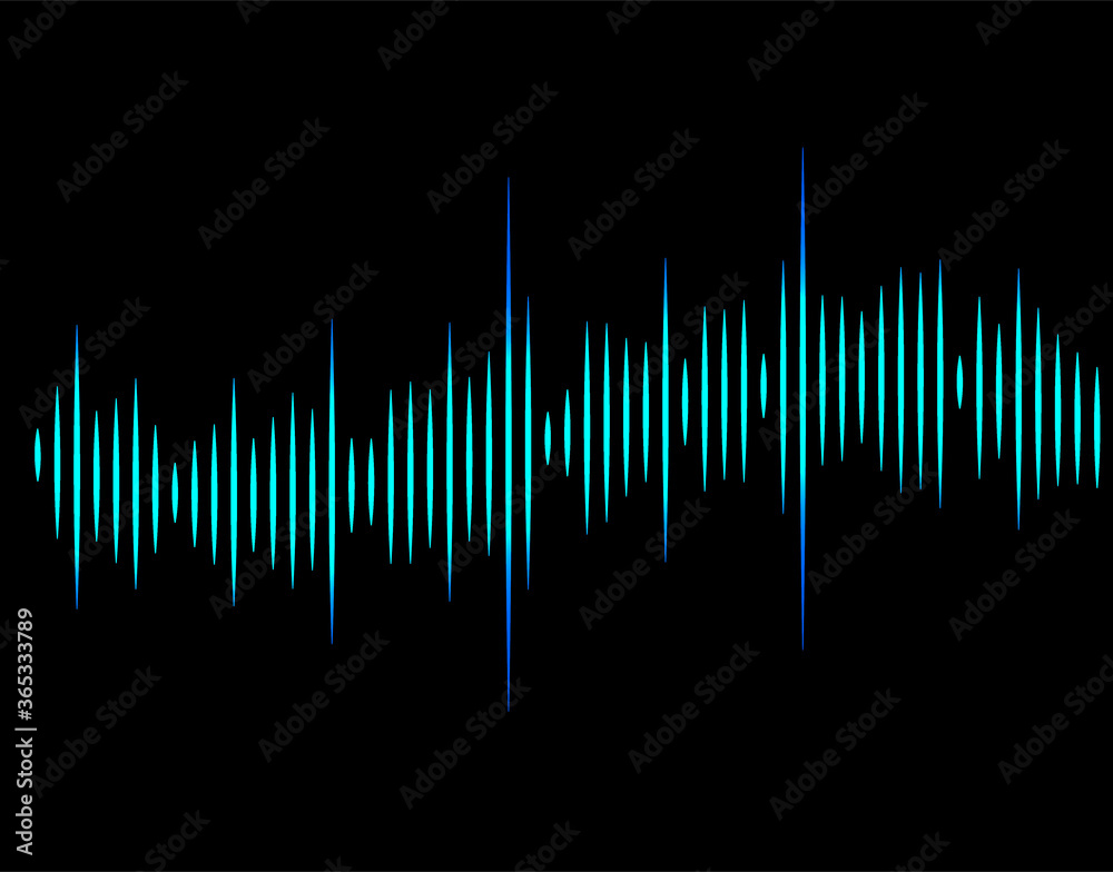 Frequency of the blue sound wave on a black background. Neon. Music waves. Stock vector illustration.
