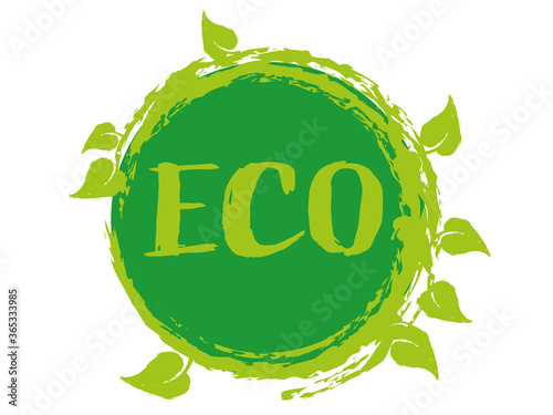Green eco banner with leaves. Stamp on the pendant, eco tag.
