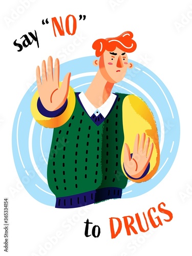 Say no to drugs concept. Angry young man showing stop to narcotic