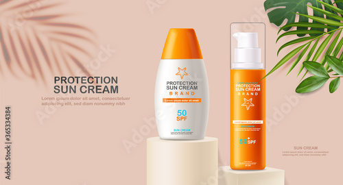 Sun cream bottle 3d realistic isolated, tropical background, tropical banner, packaging mockup, protection sun cream, spf 50 summer cosmetics vector illustration