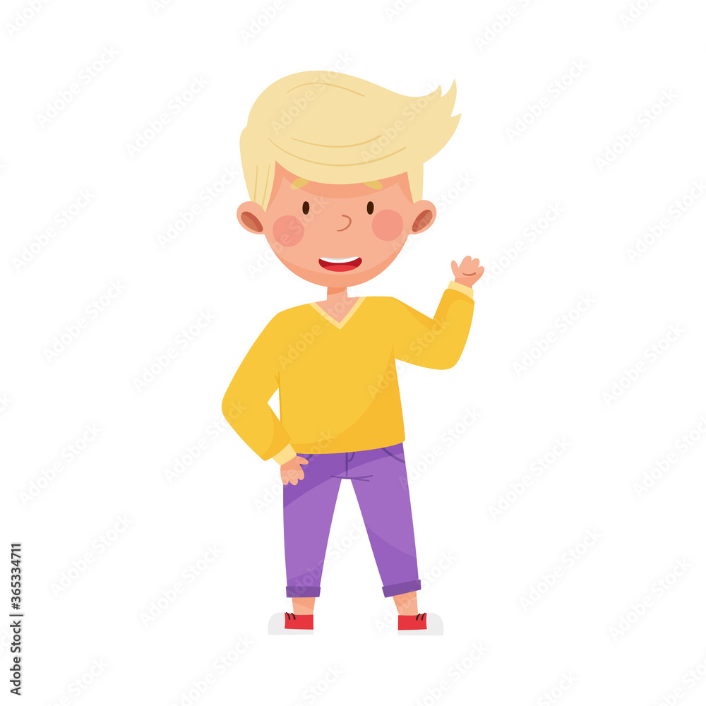 Smiling Boy Character Greeting Waving Hand and Saying Hi Vector Illustration