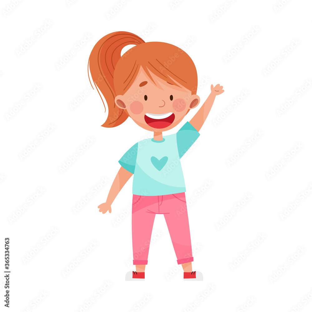 Smiling Girl Character Greeting Waving Hand and Saying Hi Vector Illustration Smiling Girl Character Greeting Waving Hand and Saying Hi Vector Illustration