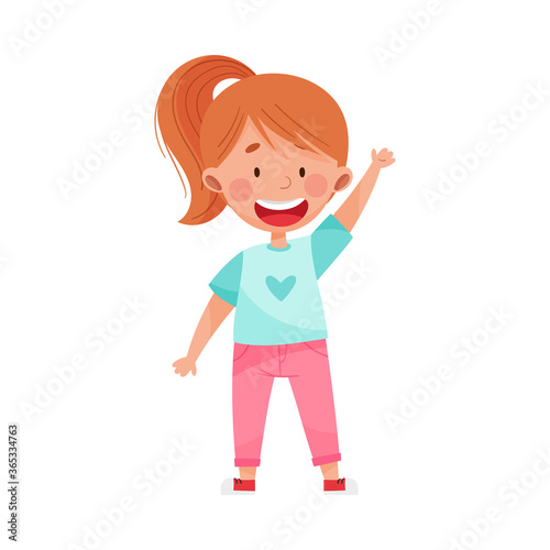 Smiling Girl Character Greeting Waving Hand and Saying Hi Vector Illustration