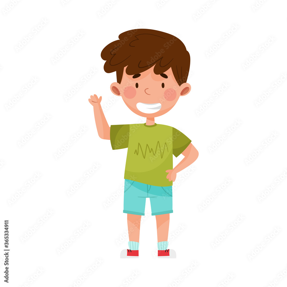Smiling Boy Character in Shorts Greeting Waving Hand and Saying Hi Vector Illustration Smiling Boy Character in Shorts Greeting Waving Hand and Saying Hi Vector Illustration