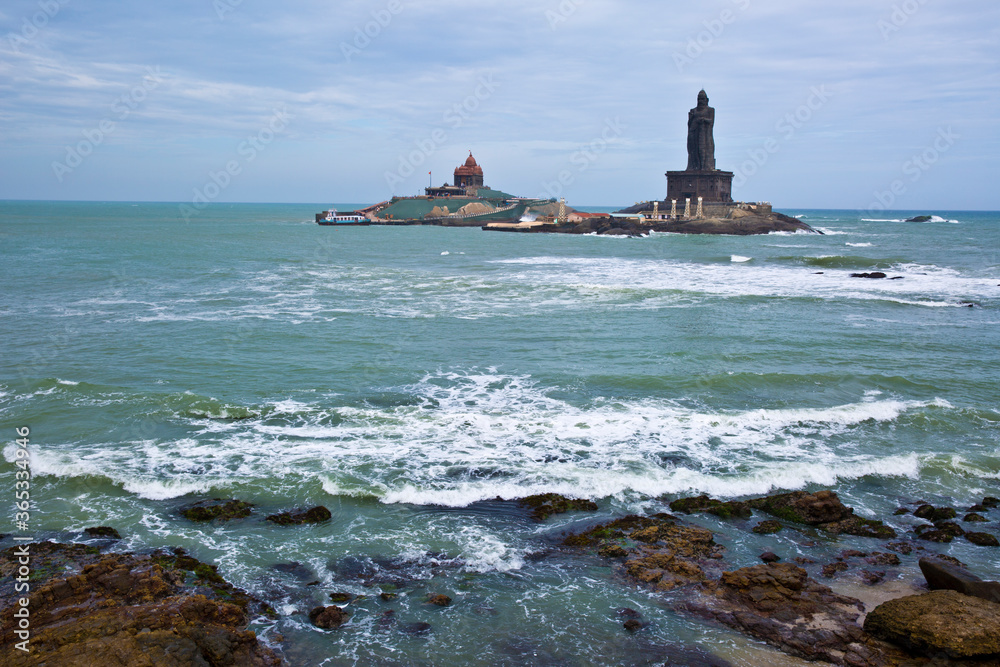 The statue of Thiruvalluvar, and Swami Vivekananda Memorial - Kanyakumari. Located in the south end of the Indian Sub continent, one of the most visited pilgrim destinations.