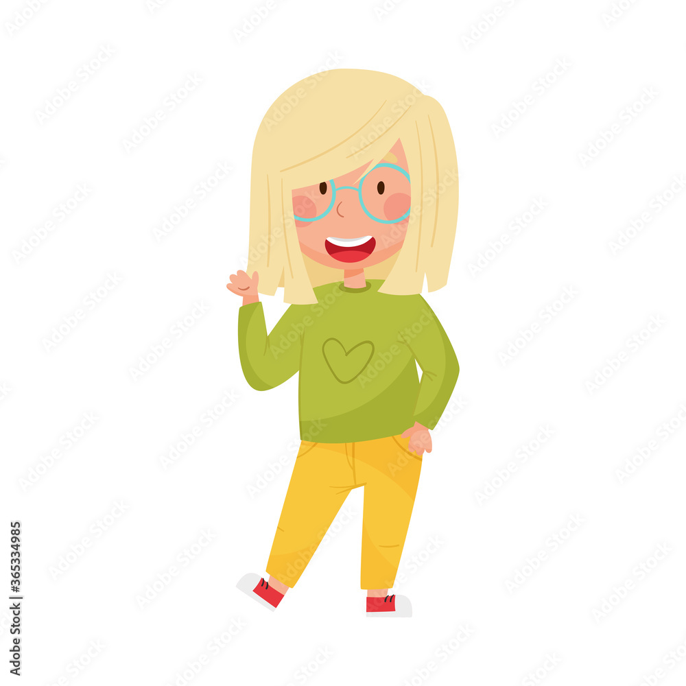 Cheerful Girl Character with Blonde Hair Greeting Waving Hand and Saying Hi Vector Illustration Cheerful Girl Character with Blonde Hair Greeting Waving Hand and Saying Hi Vector Illustration