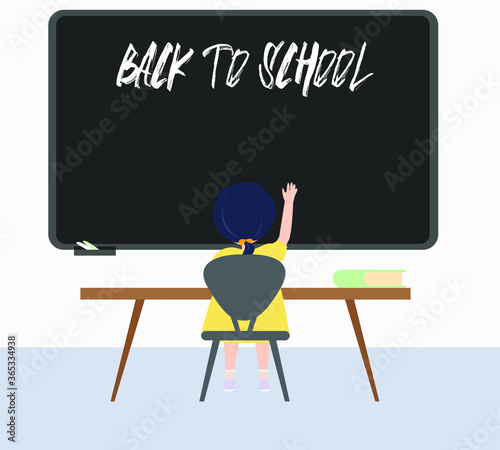 Vector cute happy schoolgirl sitting at the desk with hand up. 
