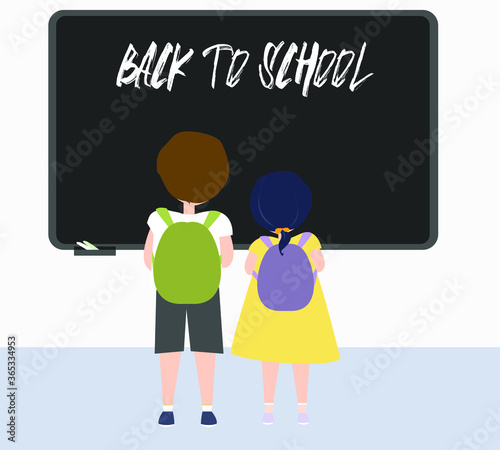 Vector cute happy schoolgirl sitting at the desk with hand up. 
