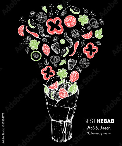 Doner kebab and ingredients for kebab, sketch illustration. Flying salad concept. Arabic cuisine frame. Fast food menu design elements. Shawarma hand drawn. Middle eastern food.