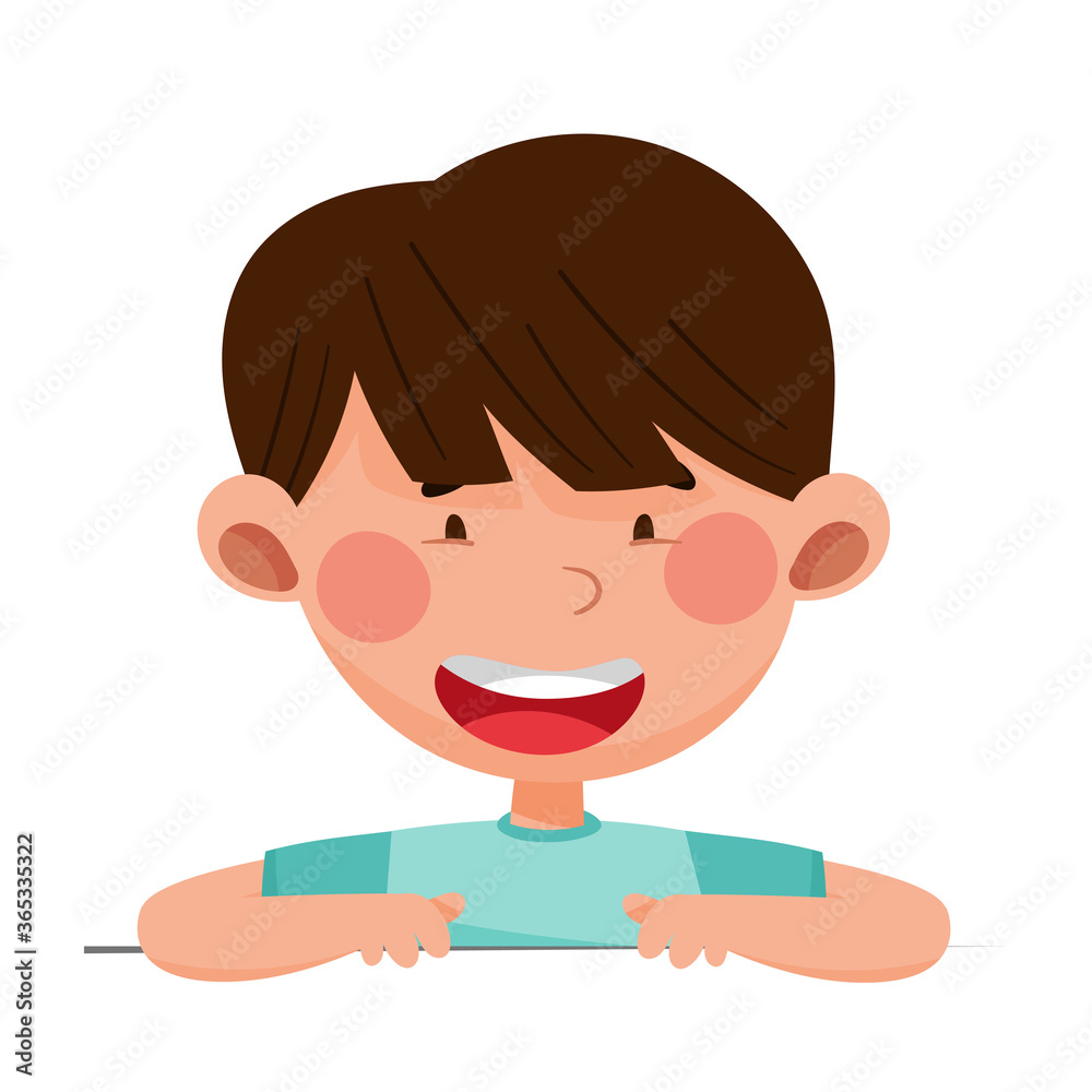 Cute Boy with Open Mouth Sitting at Table or School Desk and Speaking Vector Illustration Cute Boy with Open Mouth Sitting at Table or School Desk and Speaking Vector Illustration