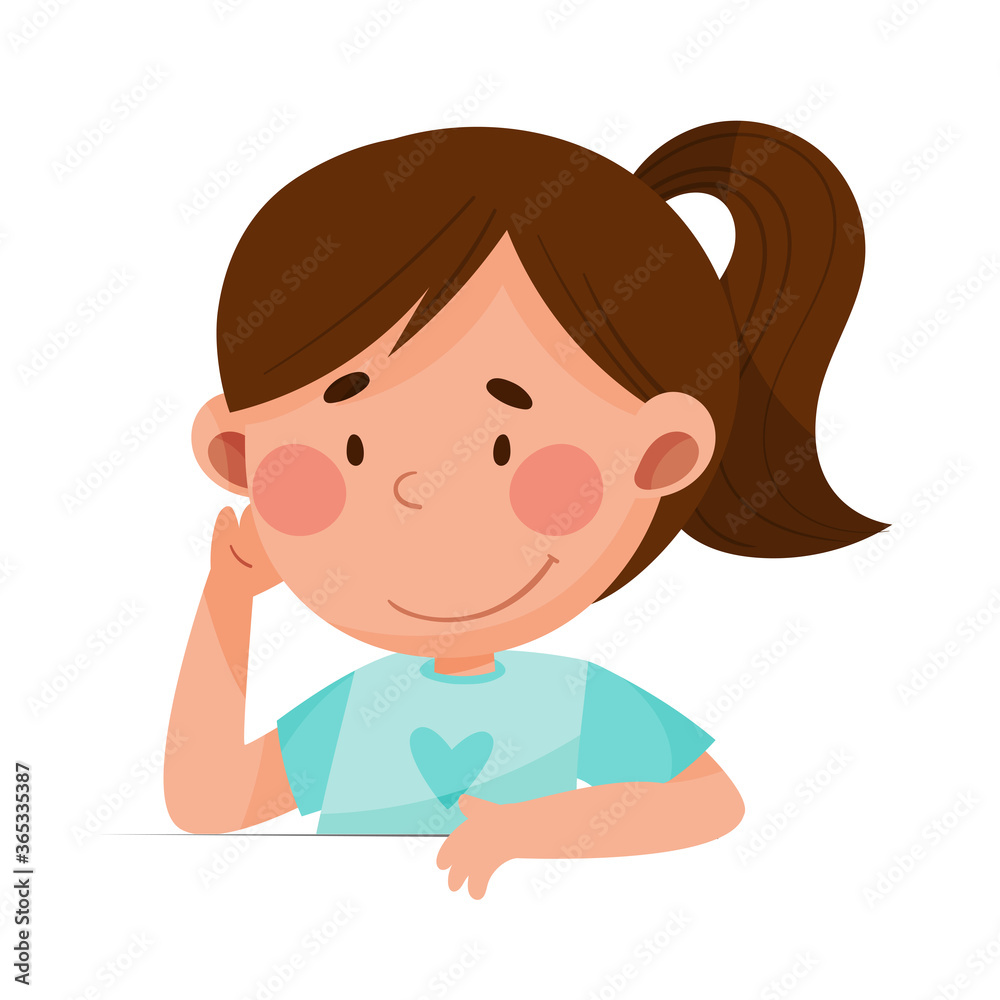 Cute Girl Character with Dark Hair Sitting at Table or School Desk and Listening Vector Illustration