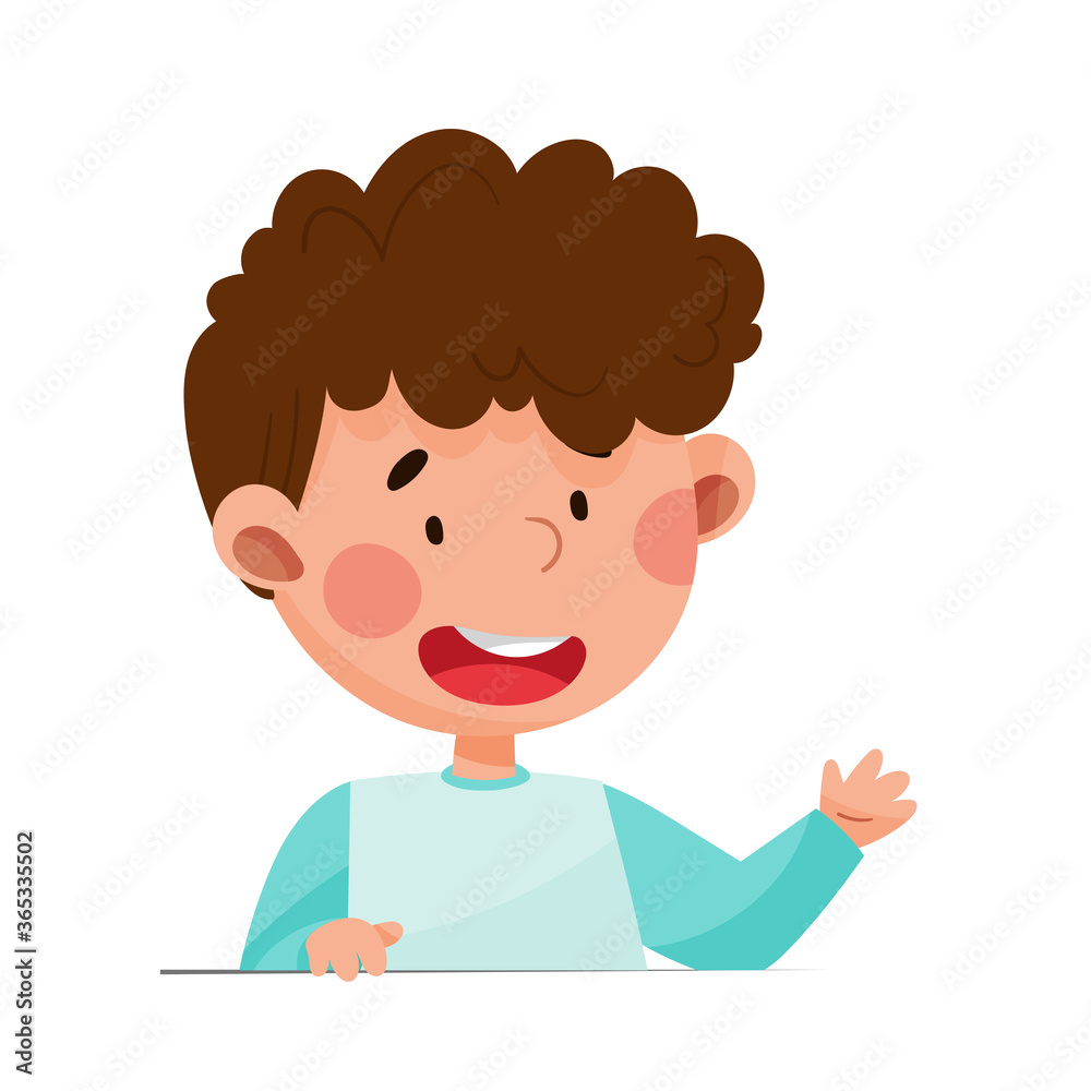Cute Boy with Open Mouth Sitting at Table or School Desk and Speaking Vector Illustration